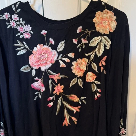 Johnny Was Black Top with Pink Floral Embroidery - Picture 2 of 5